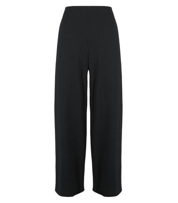 Image of Black Ribbed Wide Crop Trousers New Look