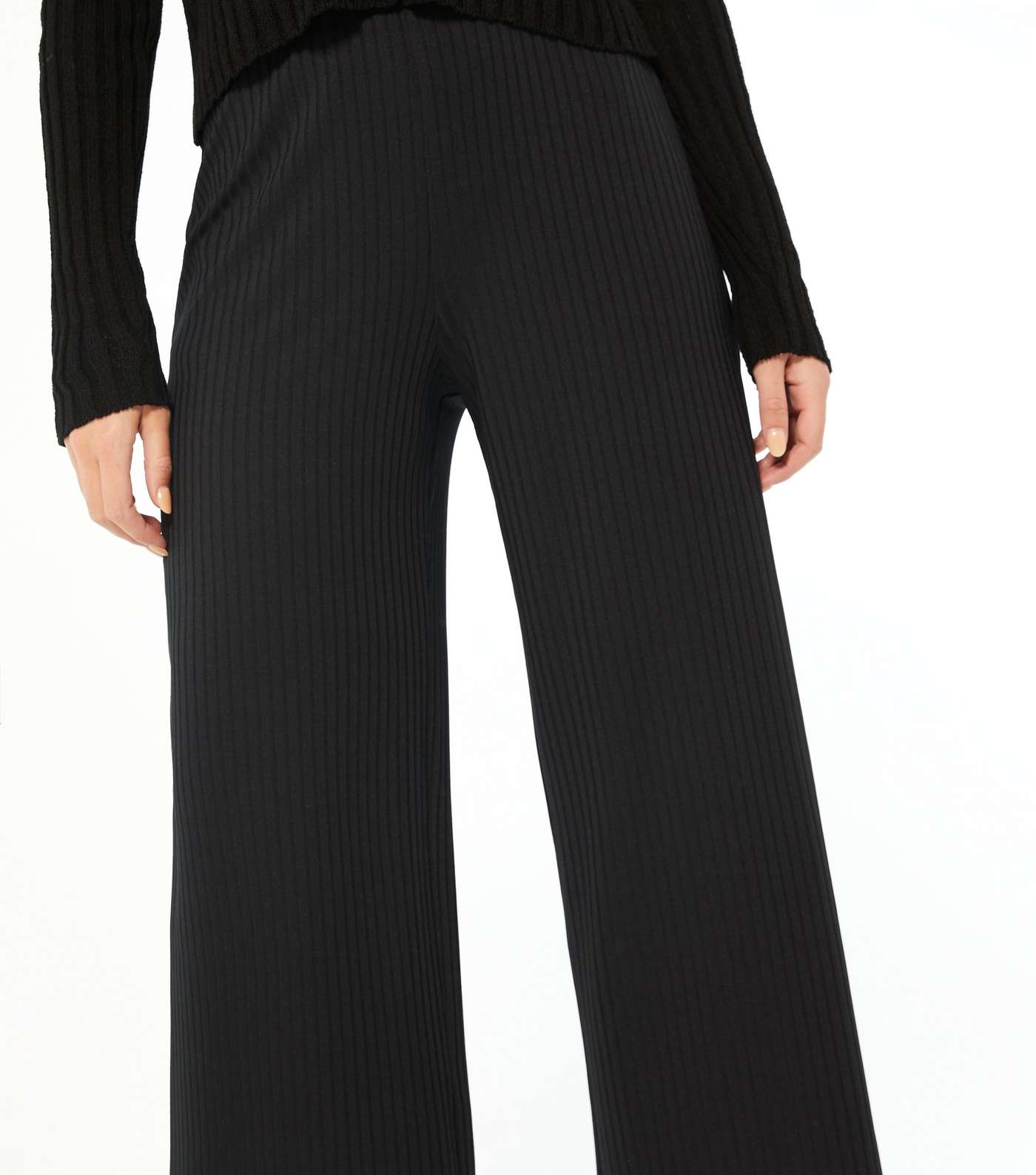 Black Ribbed Wide Crop Trousers Image 4
