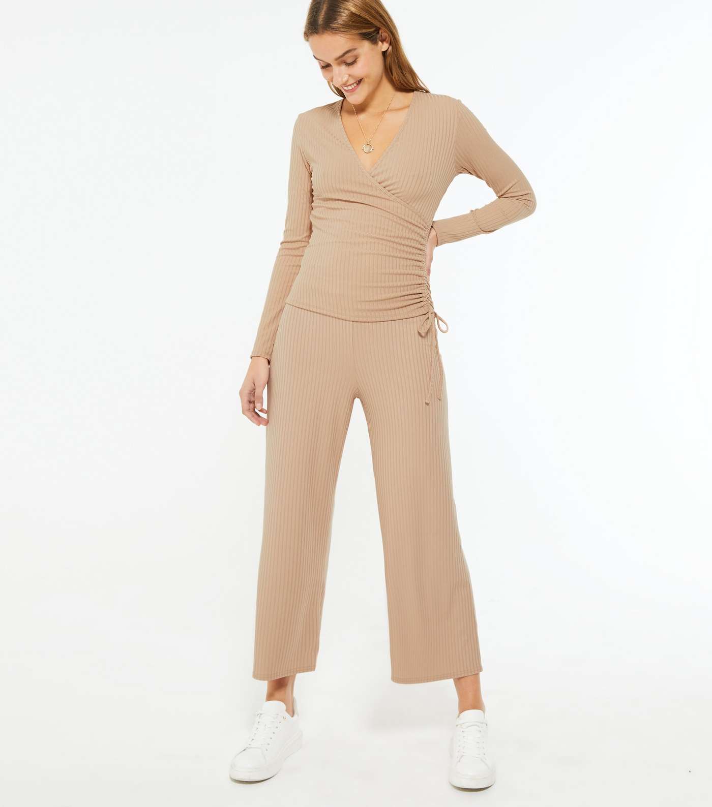 Camel Ribbed Wide Crop Trousers