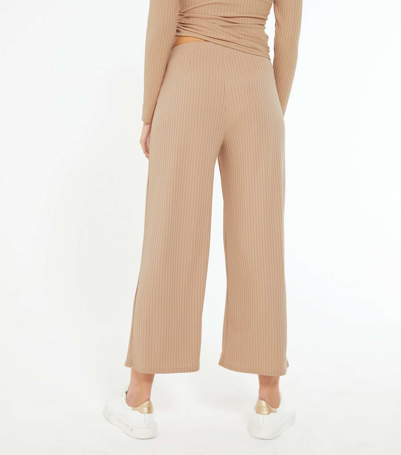 Camel Ribbed Wide Crop Trousers Image 3