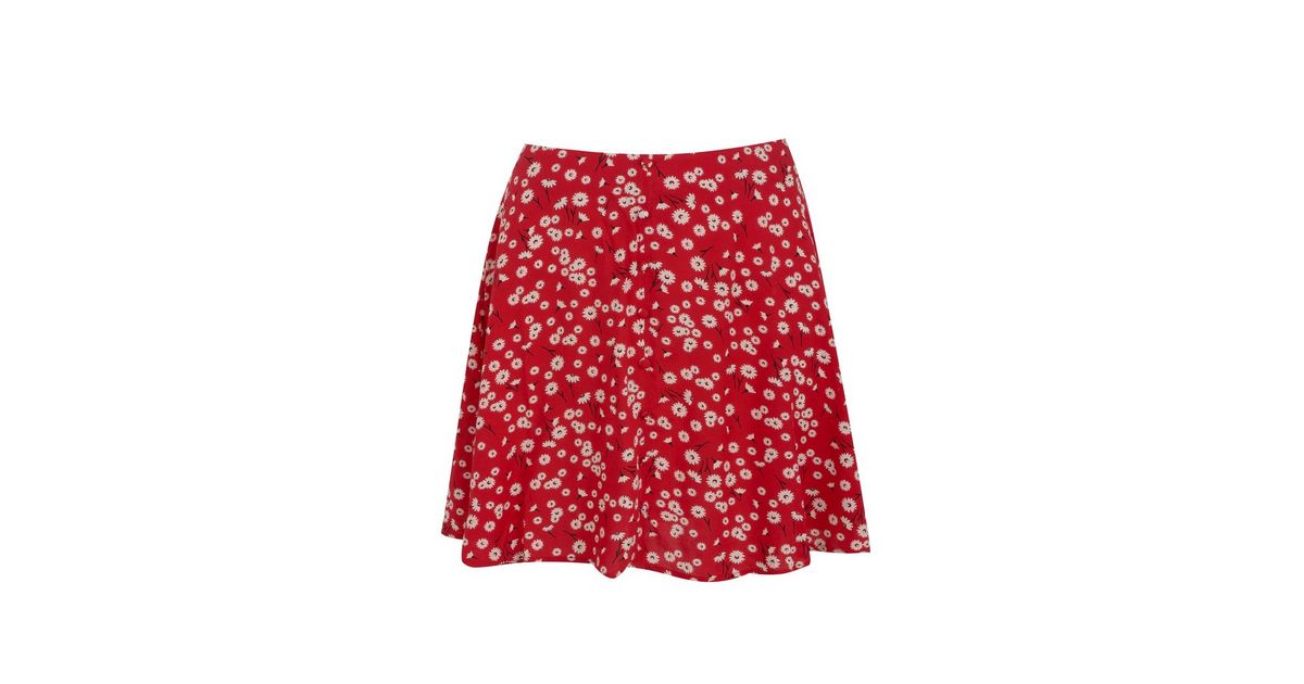 Petite Red Floral Button Front Flippy Skirt | New Look