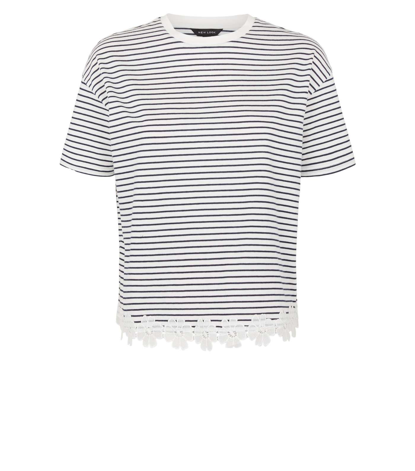 White Stripe Floral Crochet Trim T-Shirt  Image 4