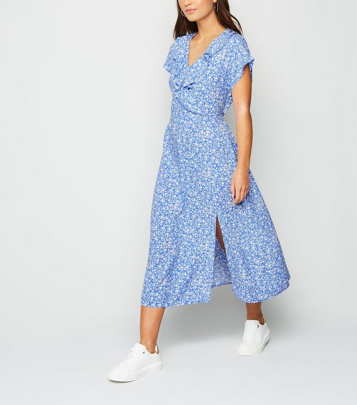 Petite Blue Floral Ruffle Side Split Midi Dress New Look
