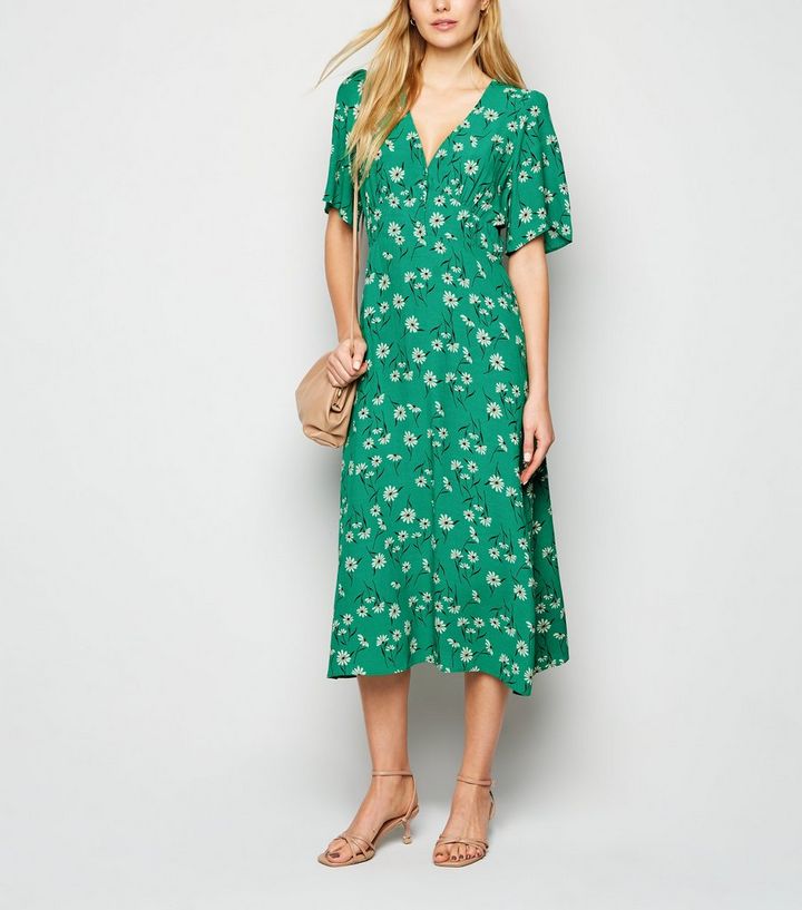 Green Floral Empire Waist Midi Dress New Look