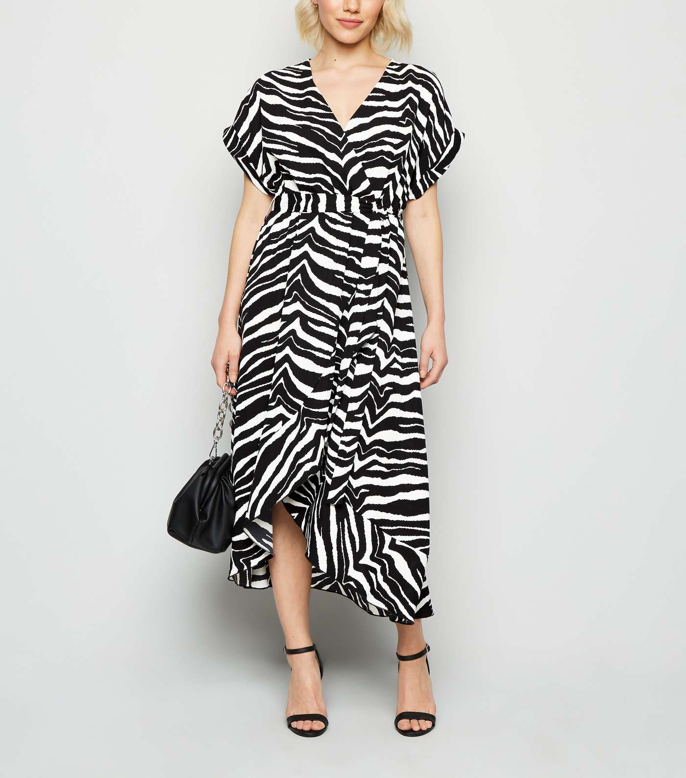 Petite Black Zebra Print Midi Wrap Dress 