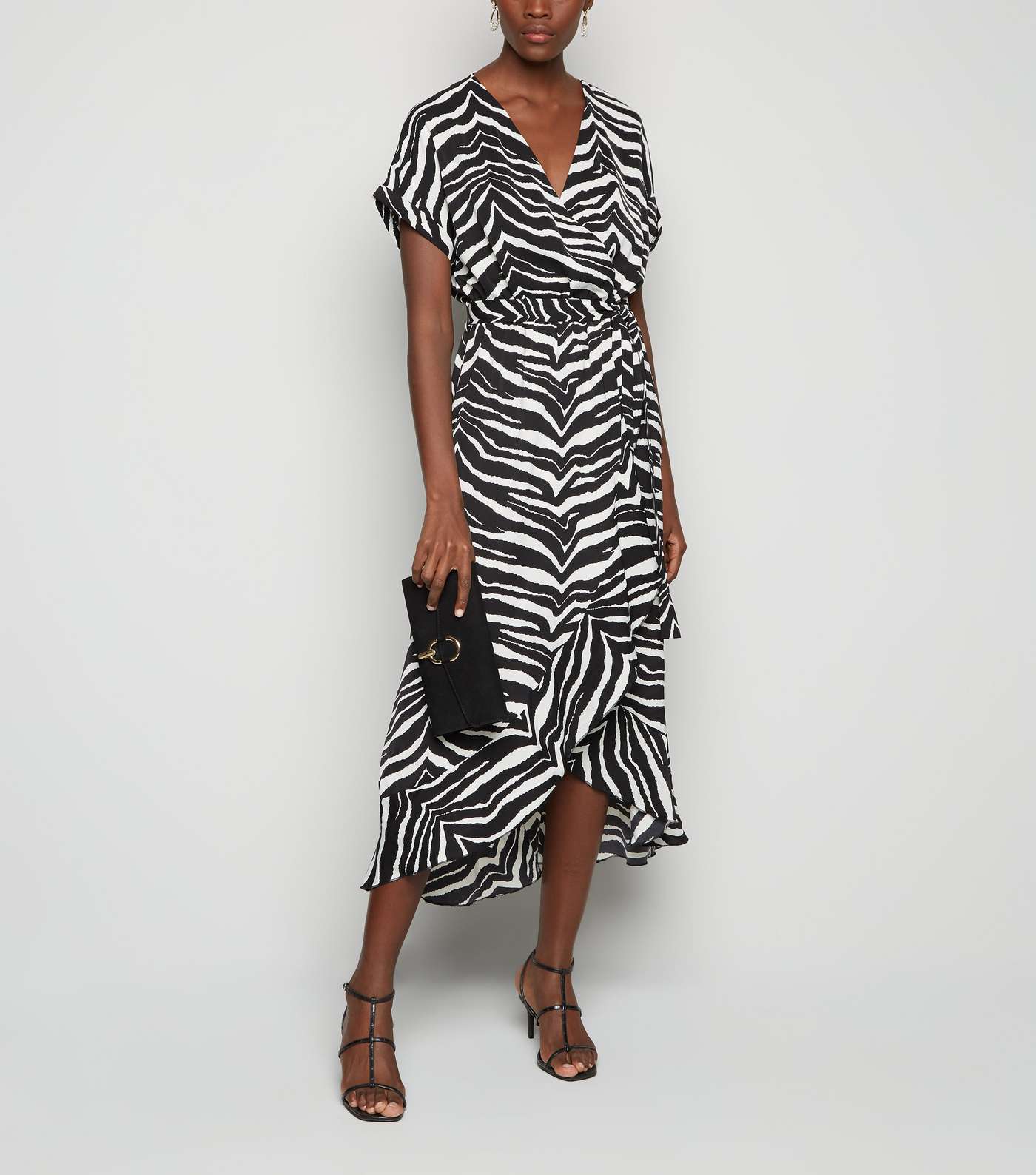 Tall Black Zebra Print Satin Ruffle Trim Midi Dress