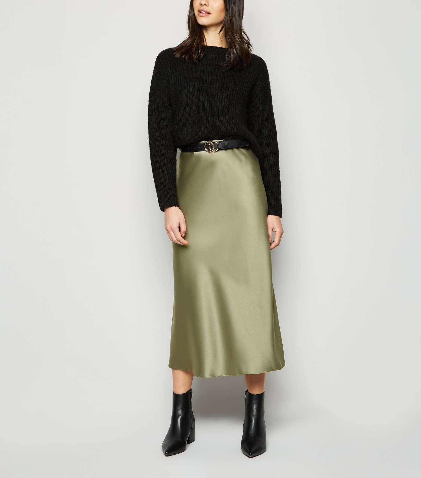 Khaki Satin Bias Cut Midi Skirt