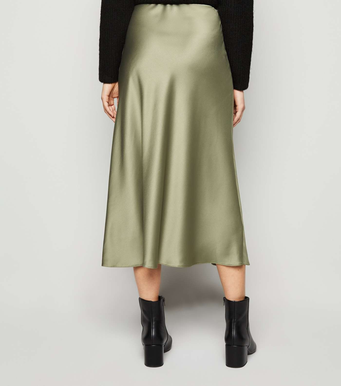 Khaki Satin Bias Cut Midi Skirt Image 3