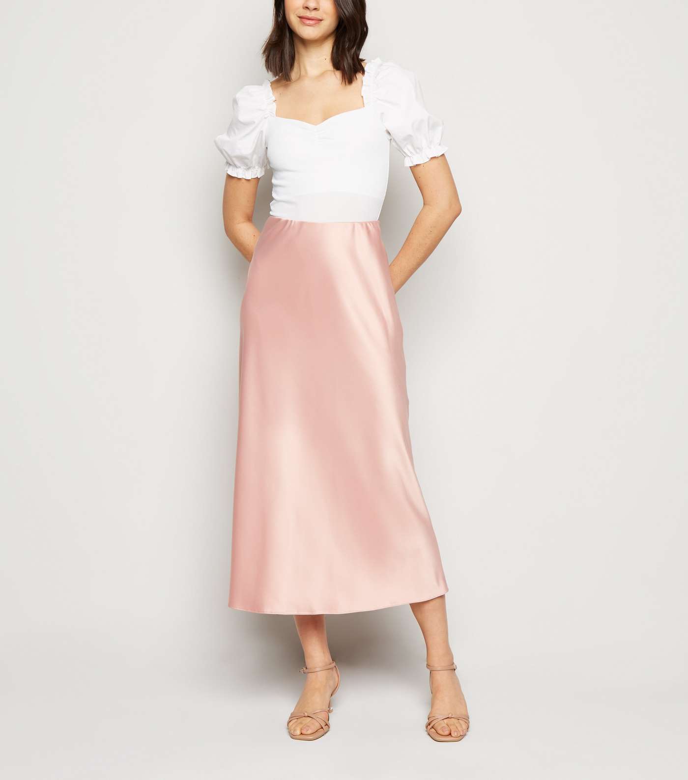 Pink Bias Cut Satin Midi Skirt