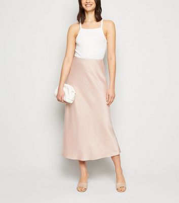 Mid Pink Bias Cut Satin Midi Skirt New Look