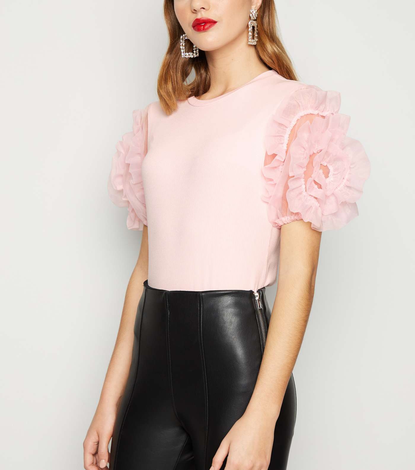 Cameo Rose Pale Pink Ribbed Mesh Sleeve Top