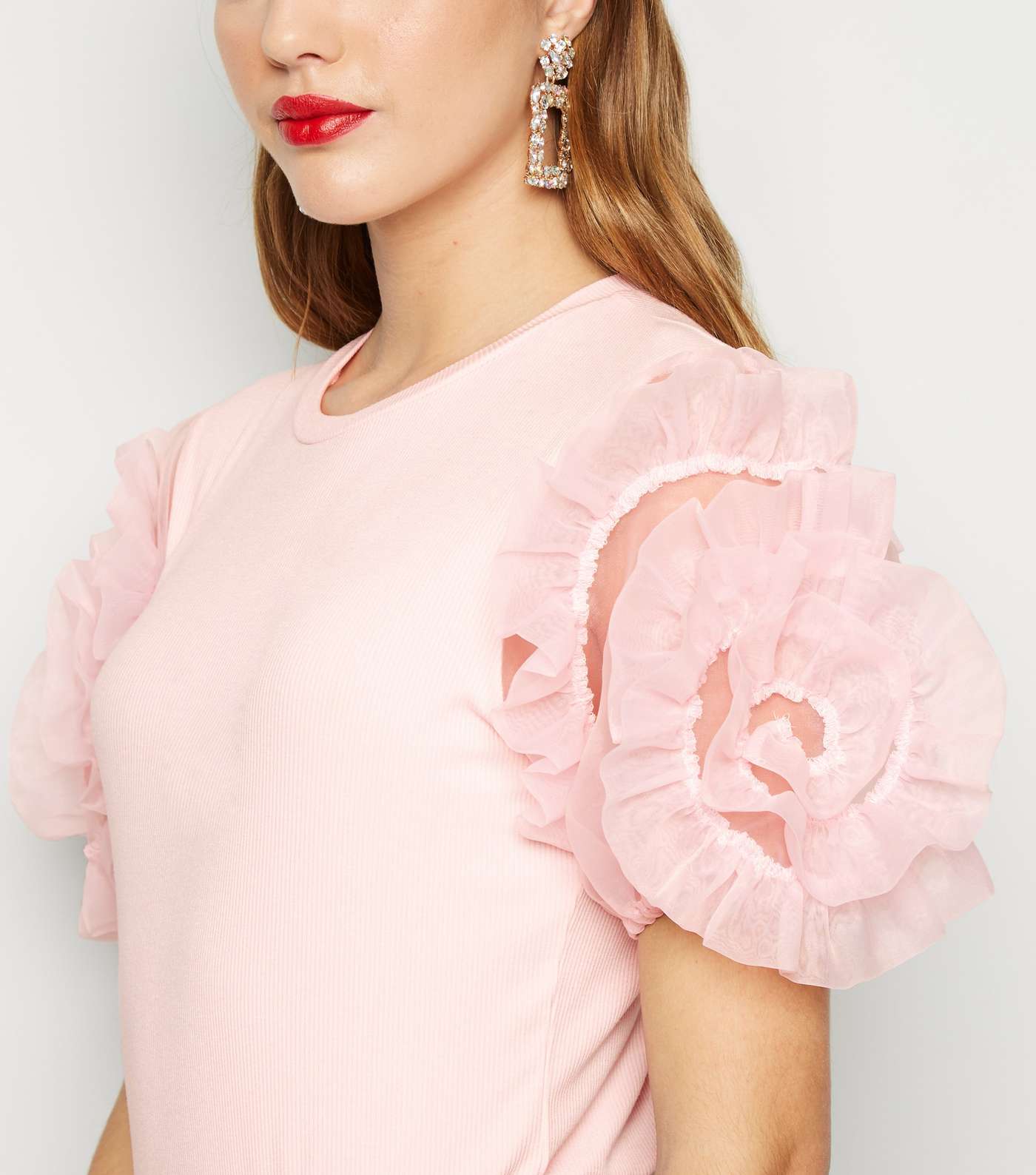 Cameo Rose Pale Pink Ribbed Mesh Sleeve Top Image 5