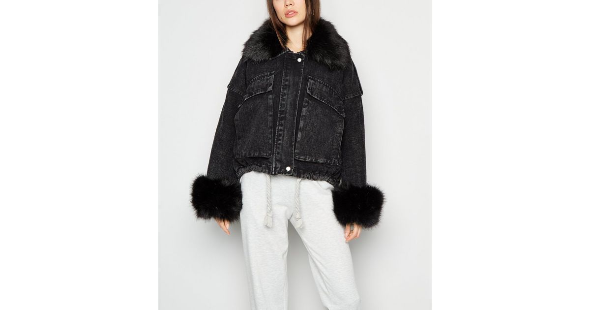 Cameo Rose - Veste en jean et fausse fourrure noire | New Look