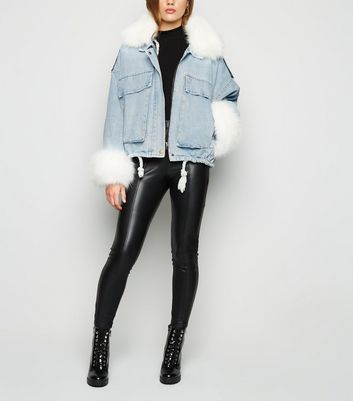 blue faux fur trim denim jacket