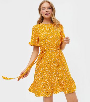 Yellow Floral Belted Mini Dress | New Look
