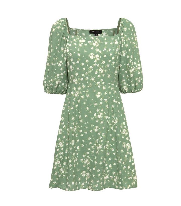 Green Floral Square Neck Puff Sleeve Dress New Look
