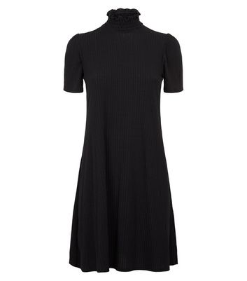 Image of Black Shirred Neck Puff Sleeve Swing Dress New Look