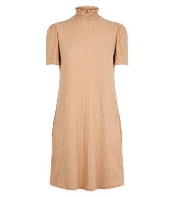 Image of Camel Shirred Neck Puff Sleeve Swing Dress New Look
