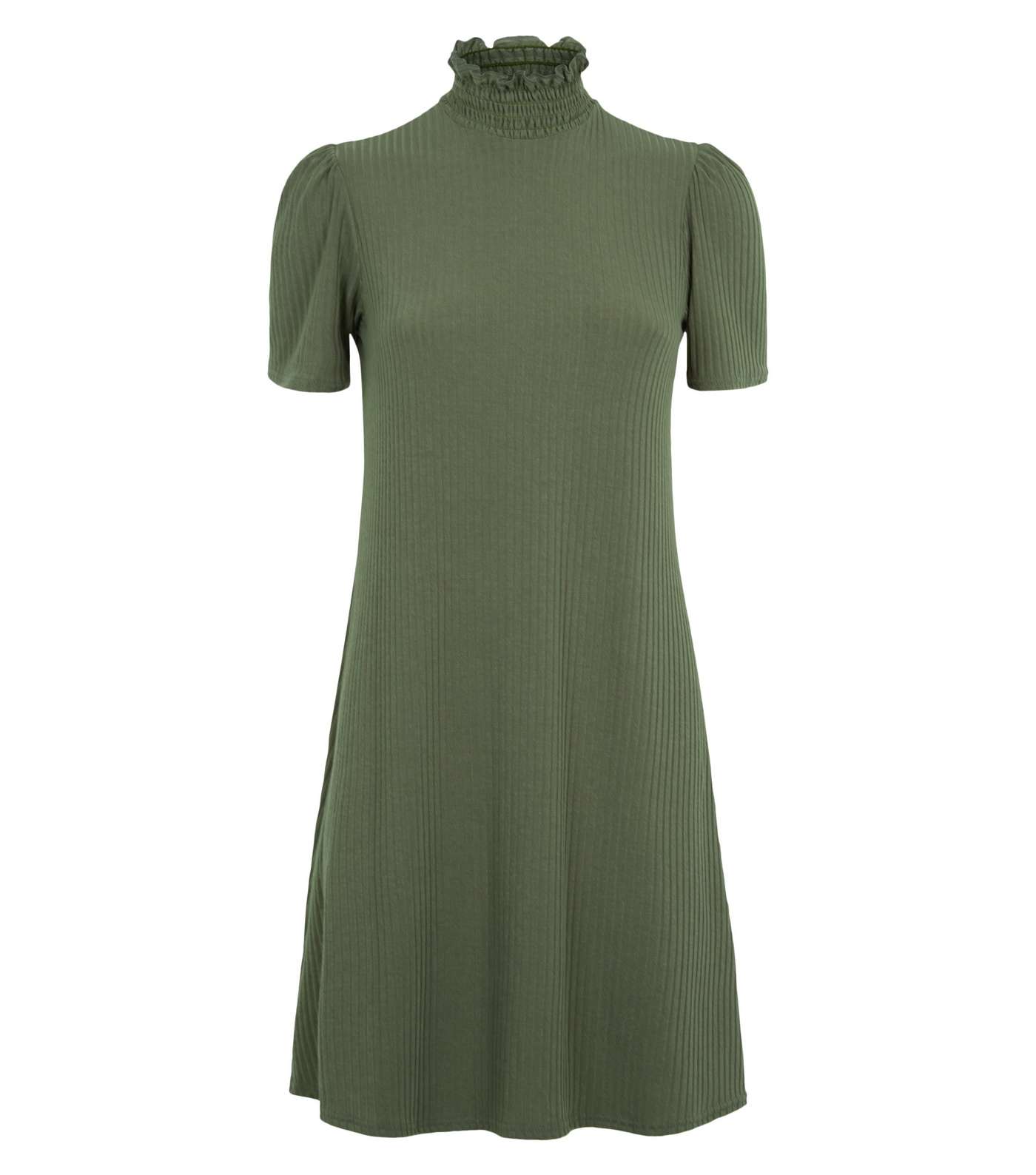 Khaki Shirred Neck Puff Sleeve Swing Dress Image 4