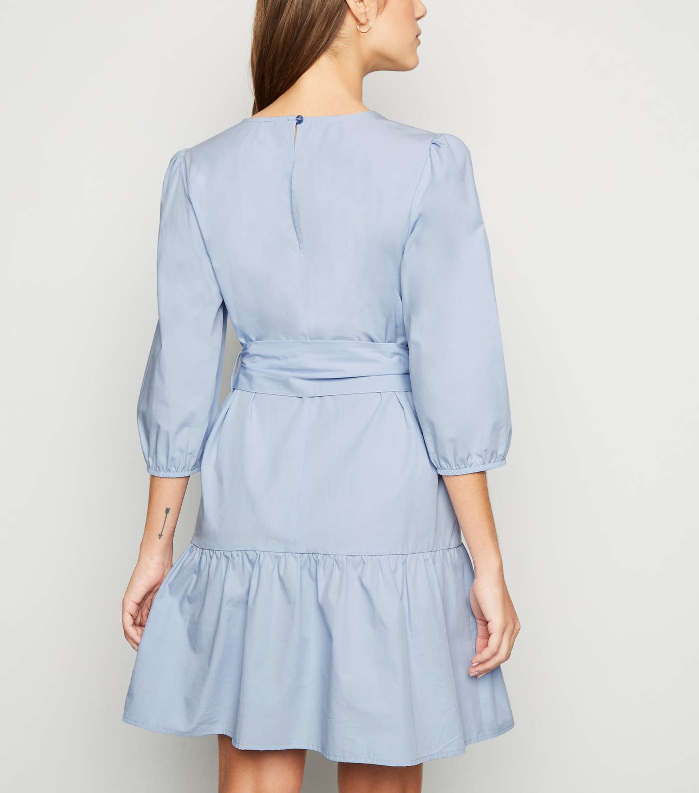 Pale Blue Poplin Puff Sleeve Mini Dress Image 3