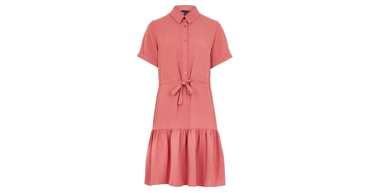 Mid Pink Drawstring Waist Tiered Shirt Dress New Look