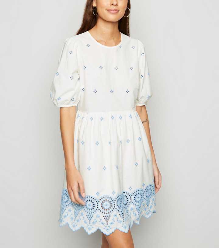 White Floral Embroidered Crochet Mini Smock Dress