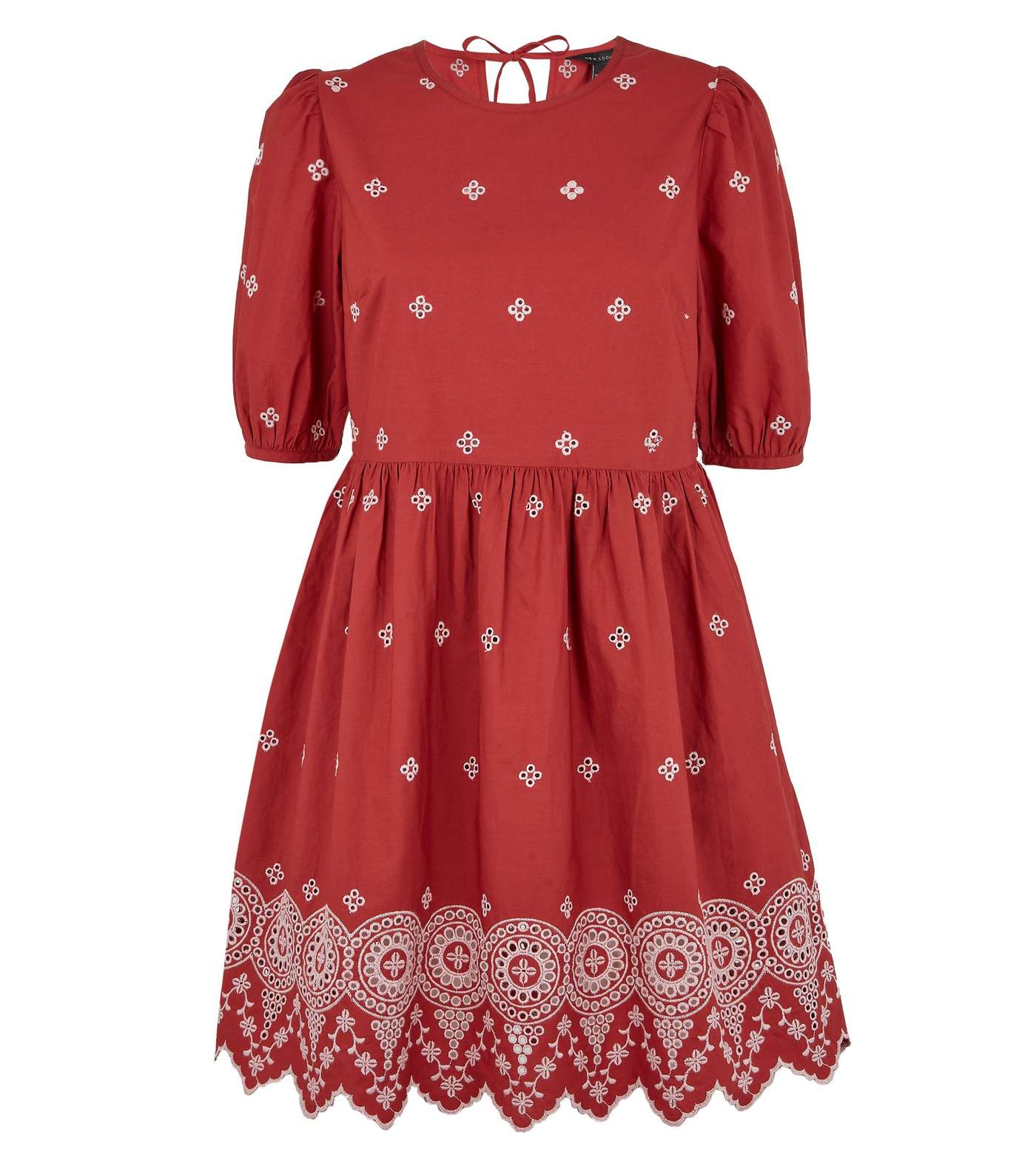 Rust Floral Embroidered Crochet Mini Smock Dress Image 4
