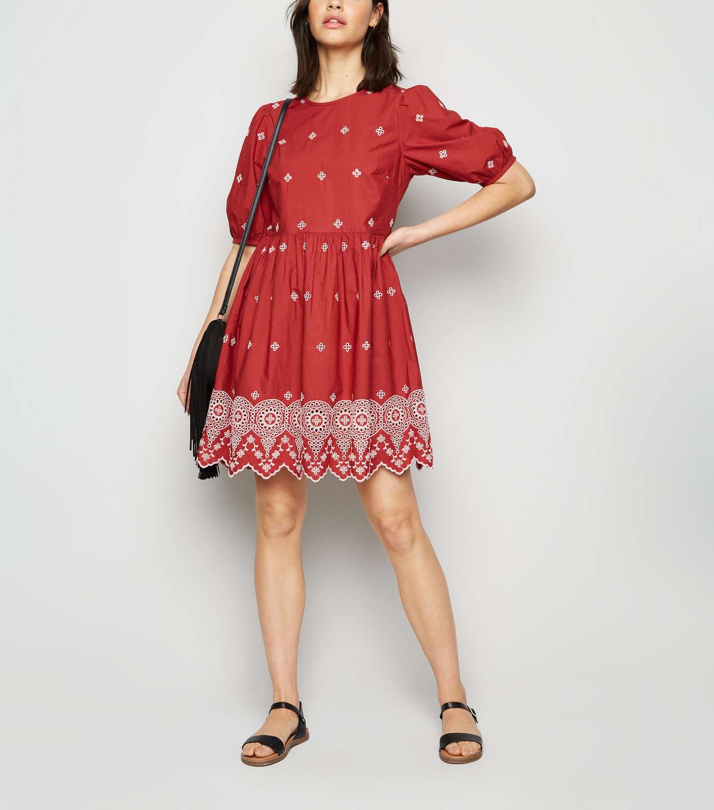 Rust Floral Embroidered Crochet Mini Smock Dress Image 2