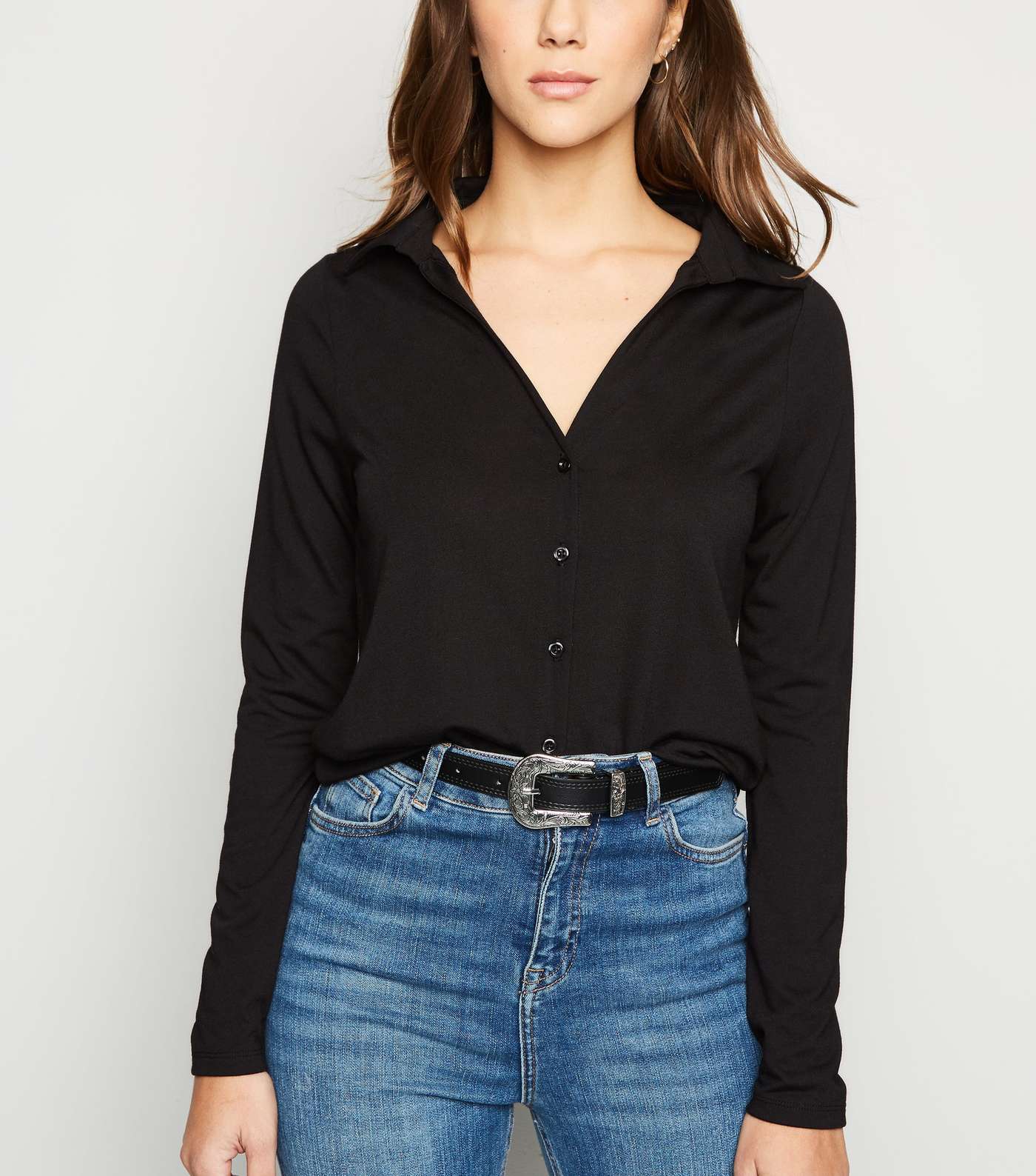 Black Button Up Collared Jersey Top