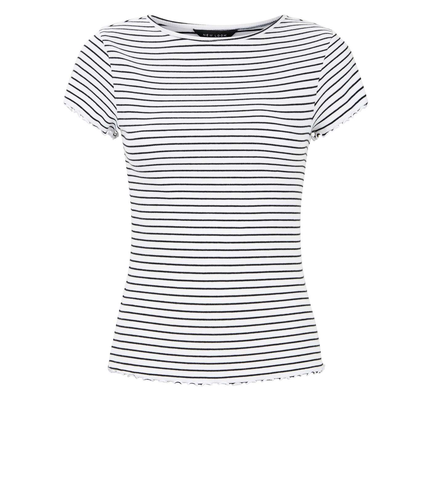 White Stripe Ribbed Frill Trim T-Shirt Image 4