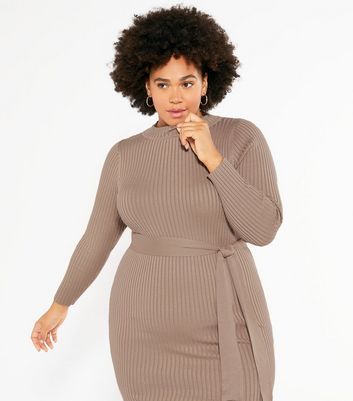 Curves Camel Ribbed Tie Waist Midi 