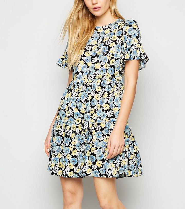 Black Floral Smock Frill Dress New Look
