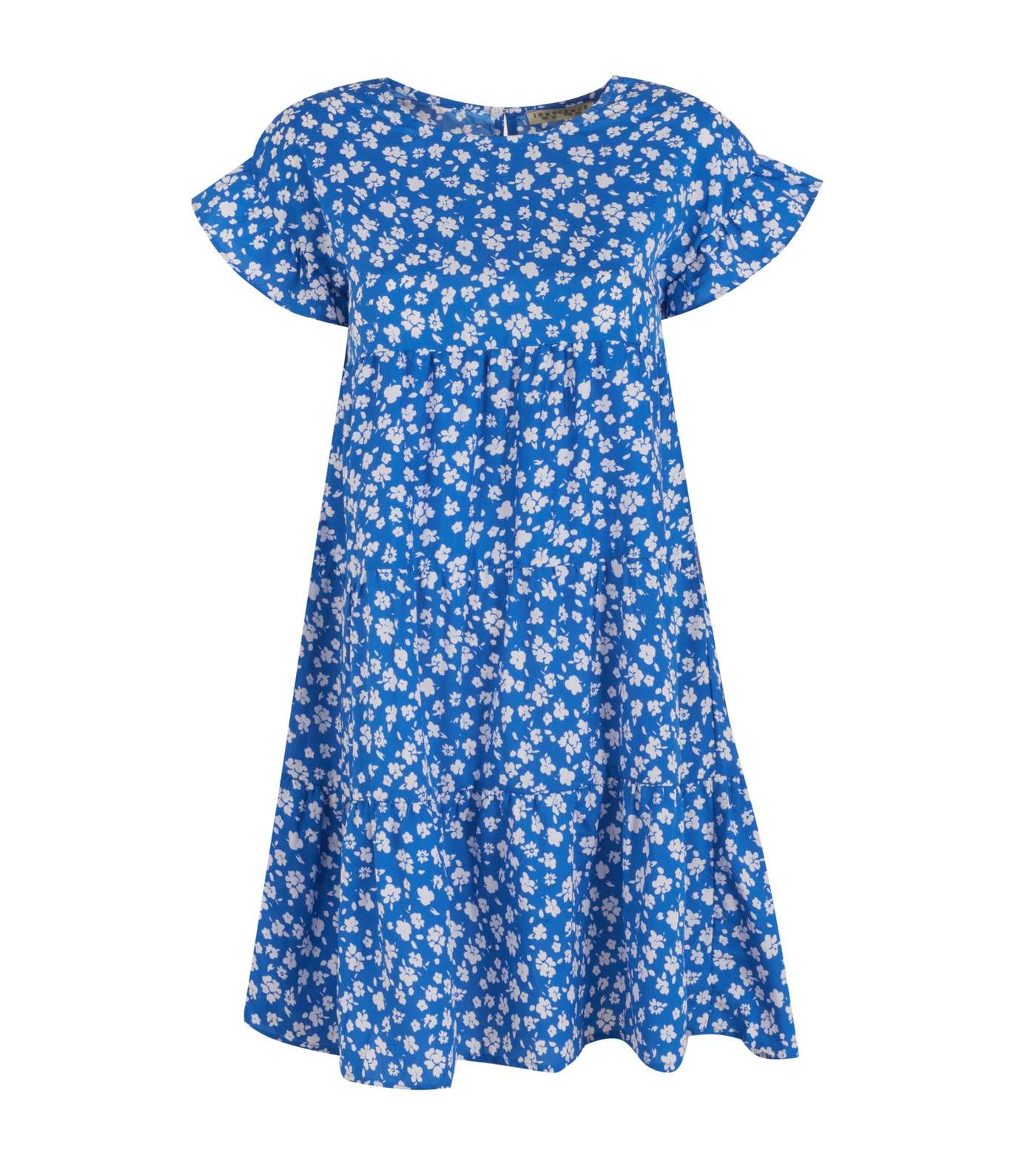 Blue Floral Frill Sleeve Smock Dress 