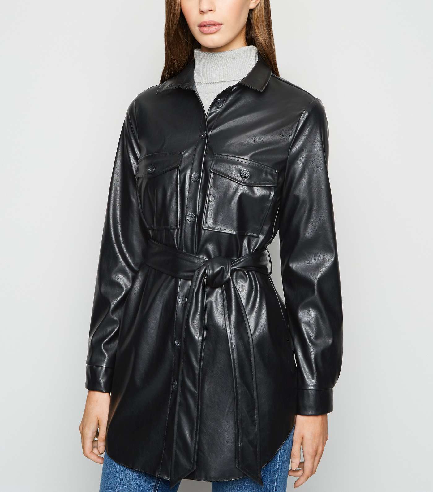 Black Leather-Look Belted Shirt
