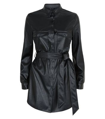 Chemise noire avec ceinture en similicuir New Look