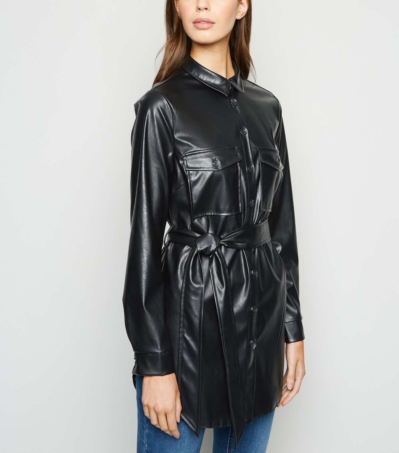Black Leather-Look Belted Shirt Image 5