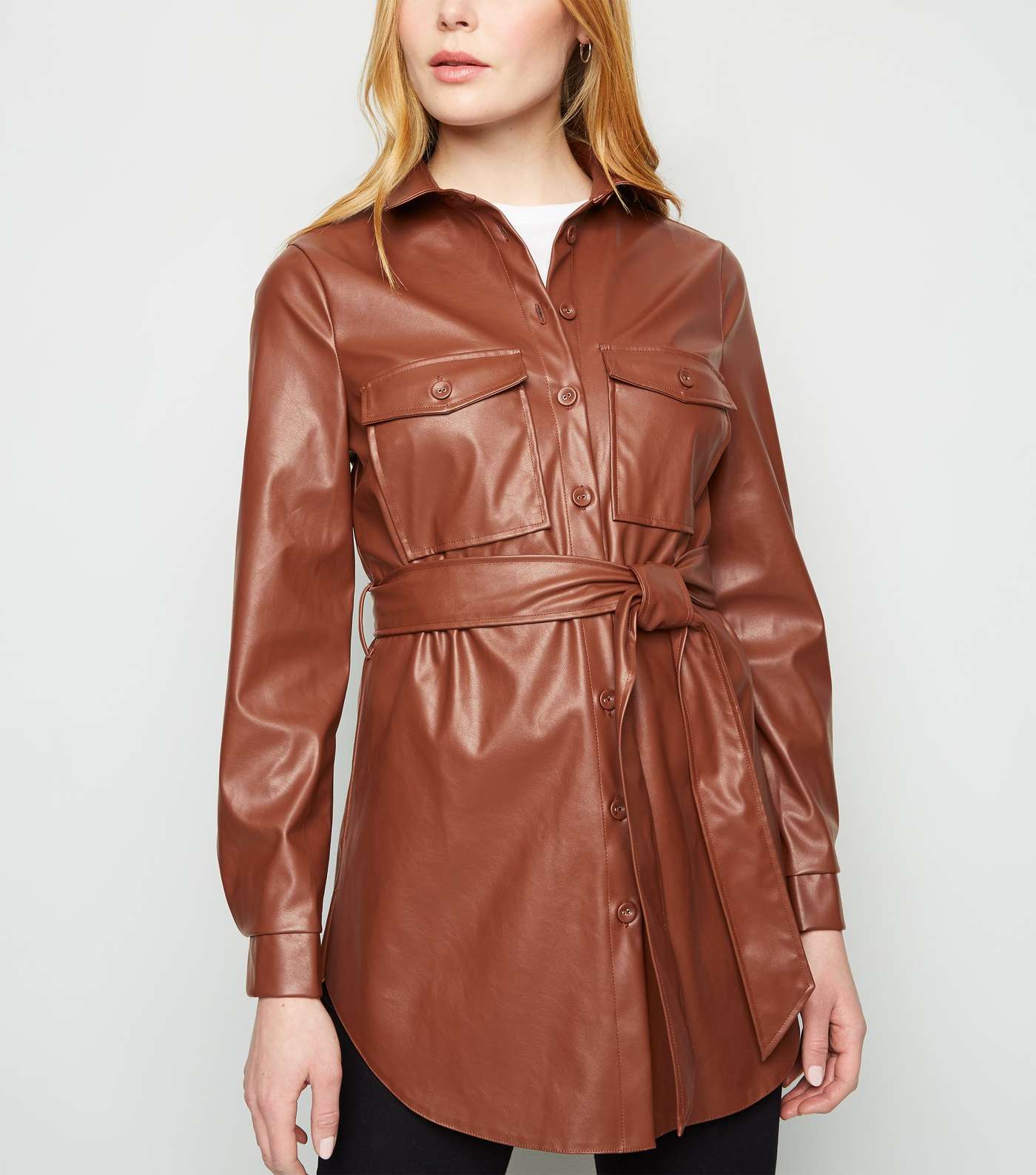 Tan Leather-Look Belted Shirt