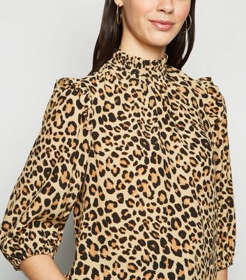 Image of Brown Leopard Print Frill High Neck Top New Look