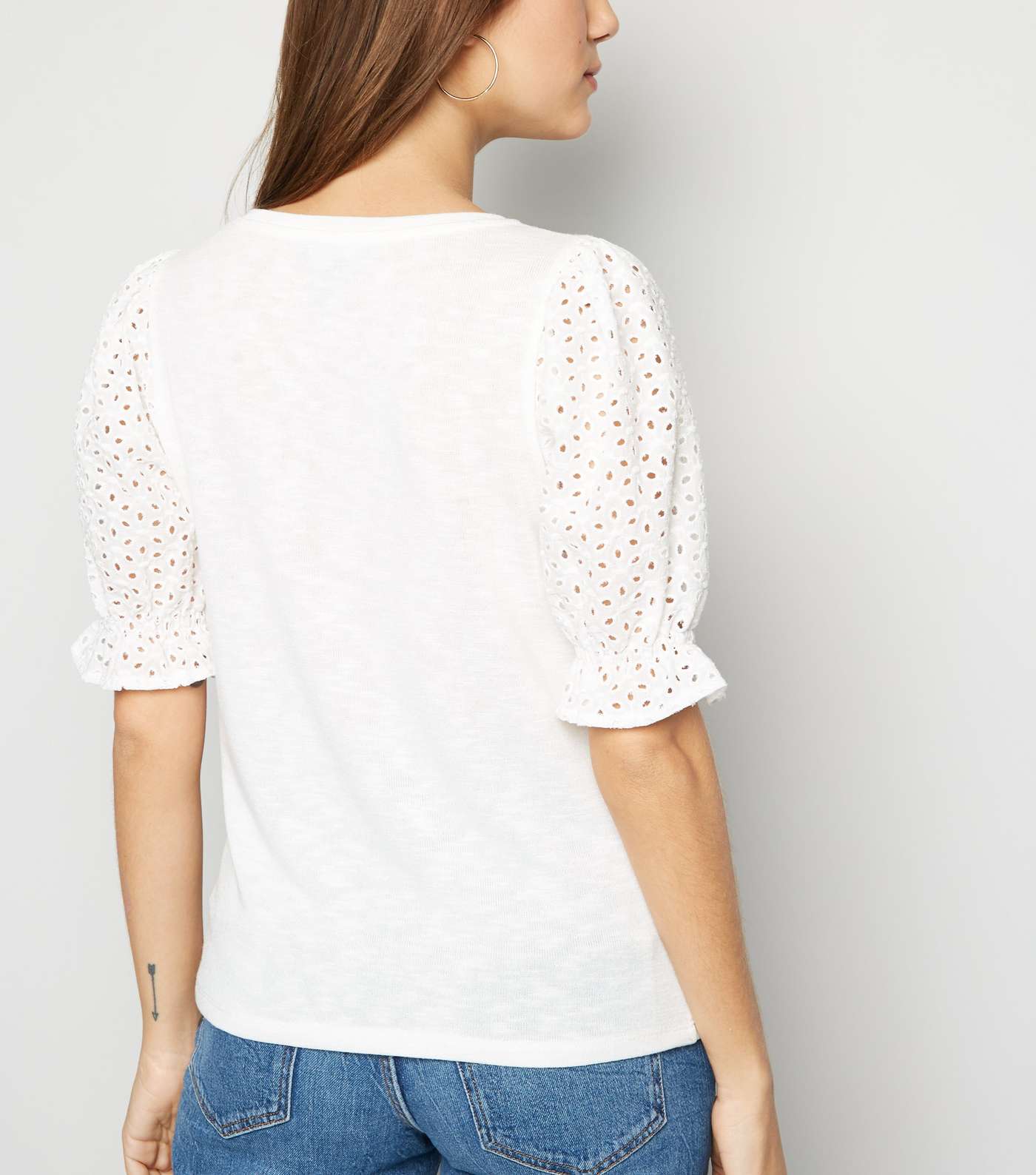 White Fine Knit Broderie Puff Sleeve Top Image 3