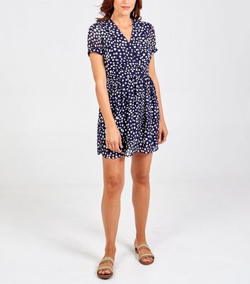 navy spot wrap dress