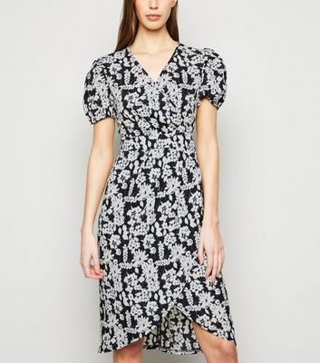 blue vanilla floral wrap dress