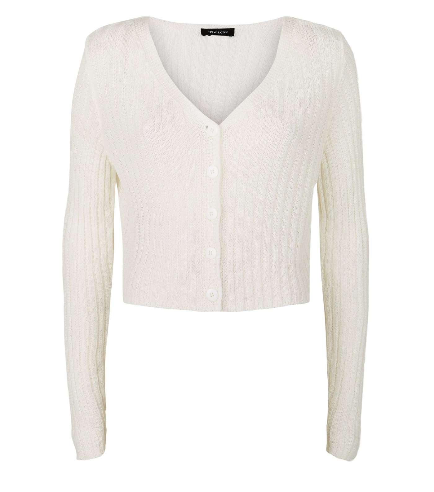 White Button Up Ribbed Knit Cardigan Image 4