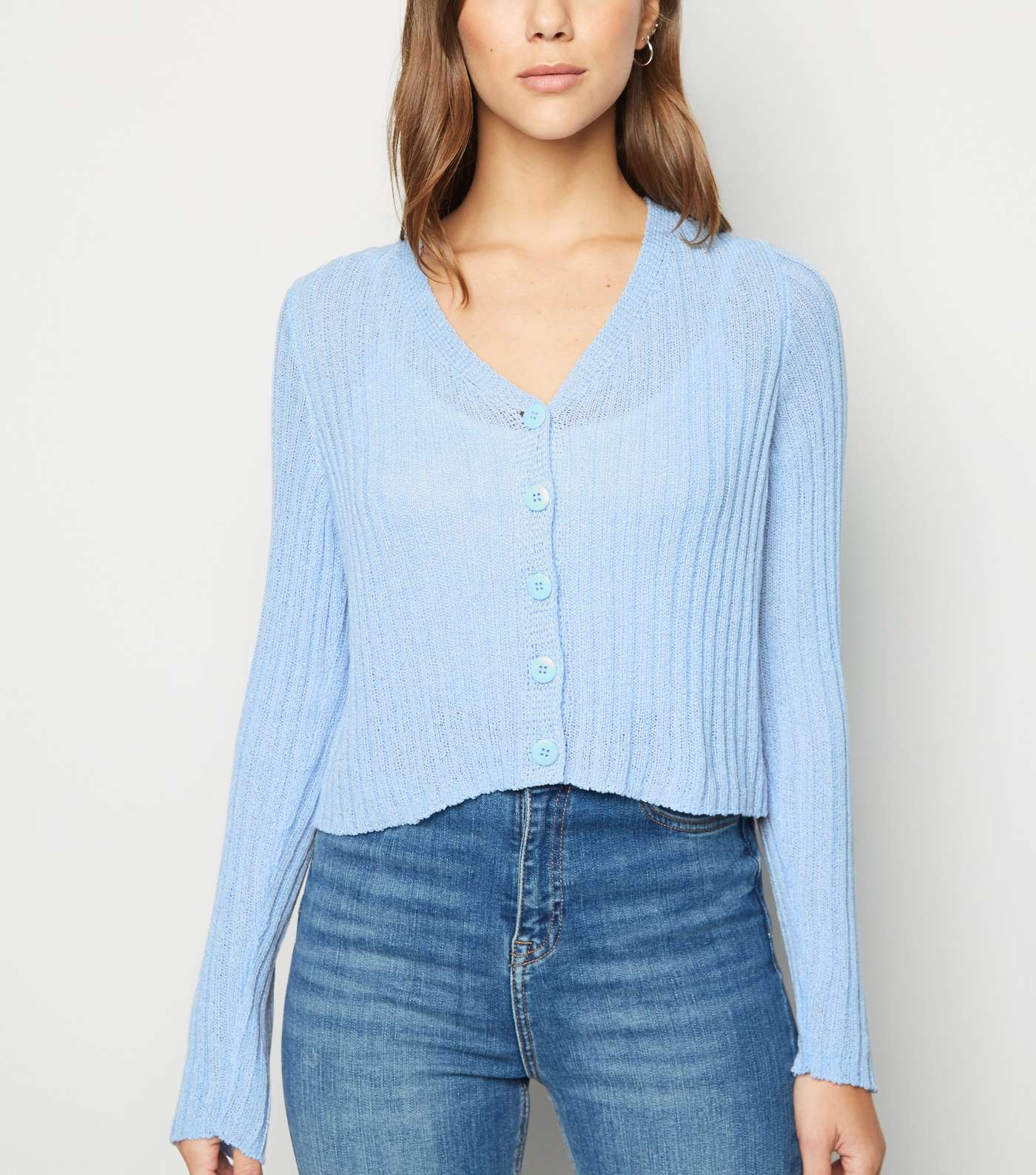 Pale Blue Button Up Ribbed Knit Cardigan