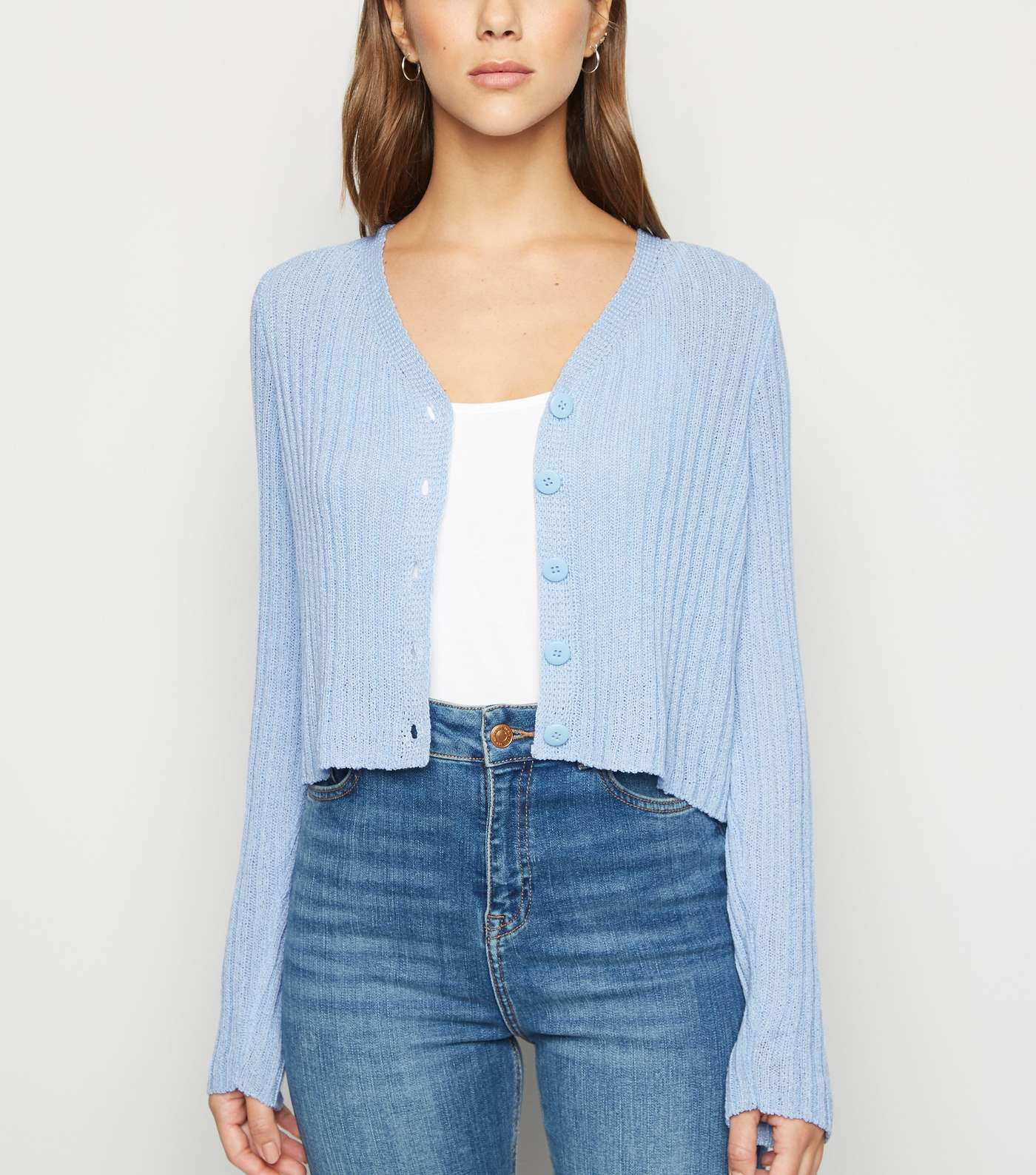 Pale Blue Button Up Ribbed Knit Cardigan Image 5