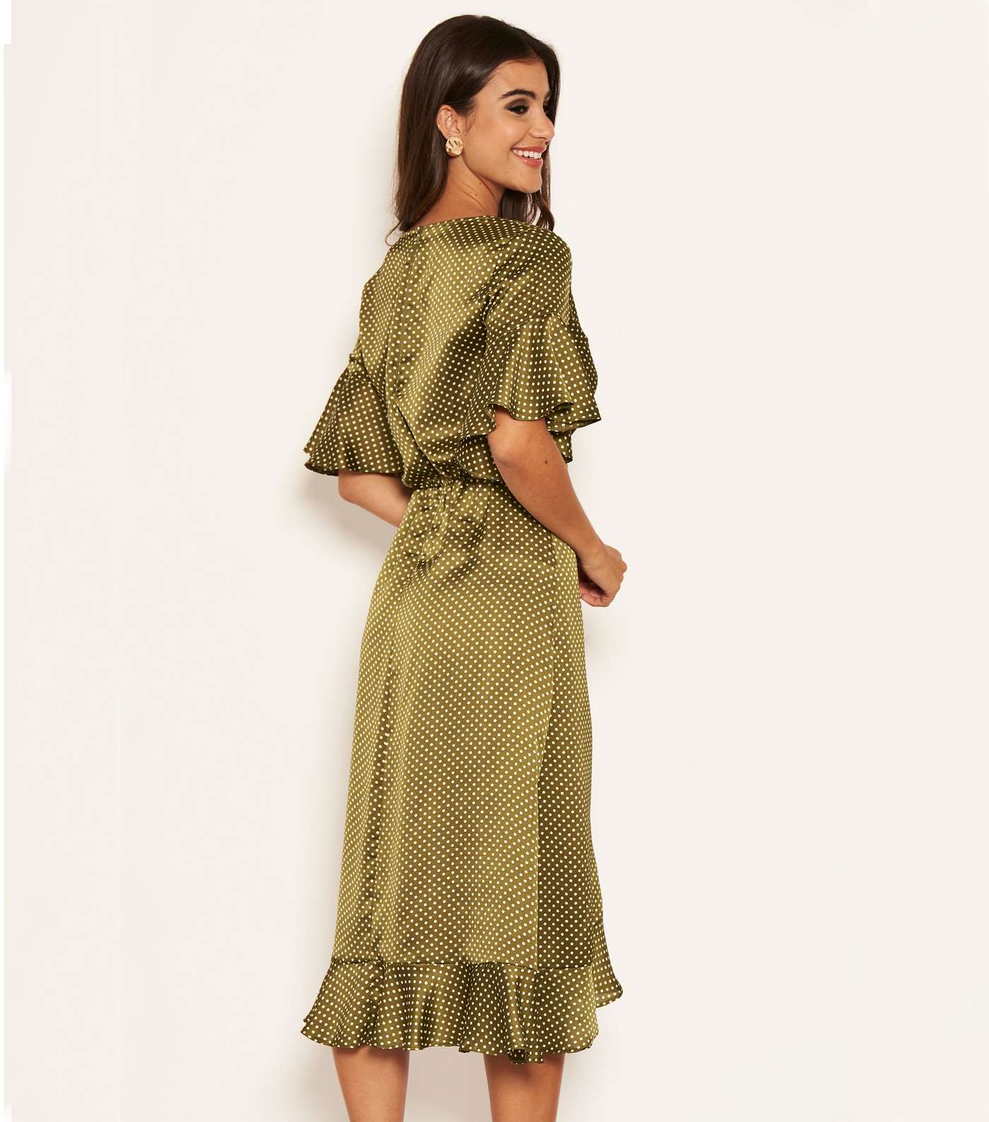 AX Paris Green Satin Spot Frill Midi Dress Image 4