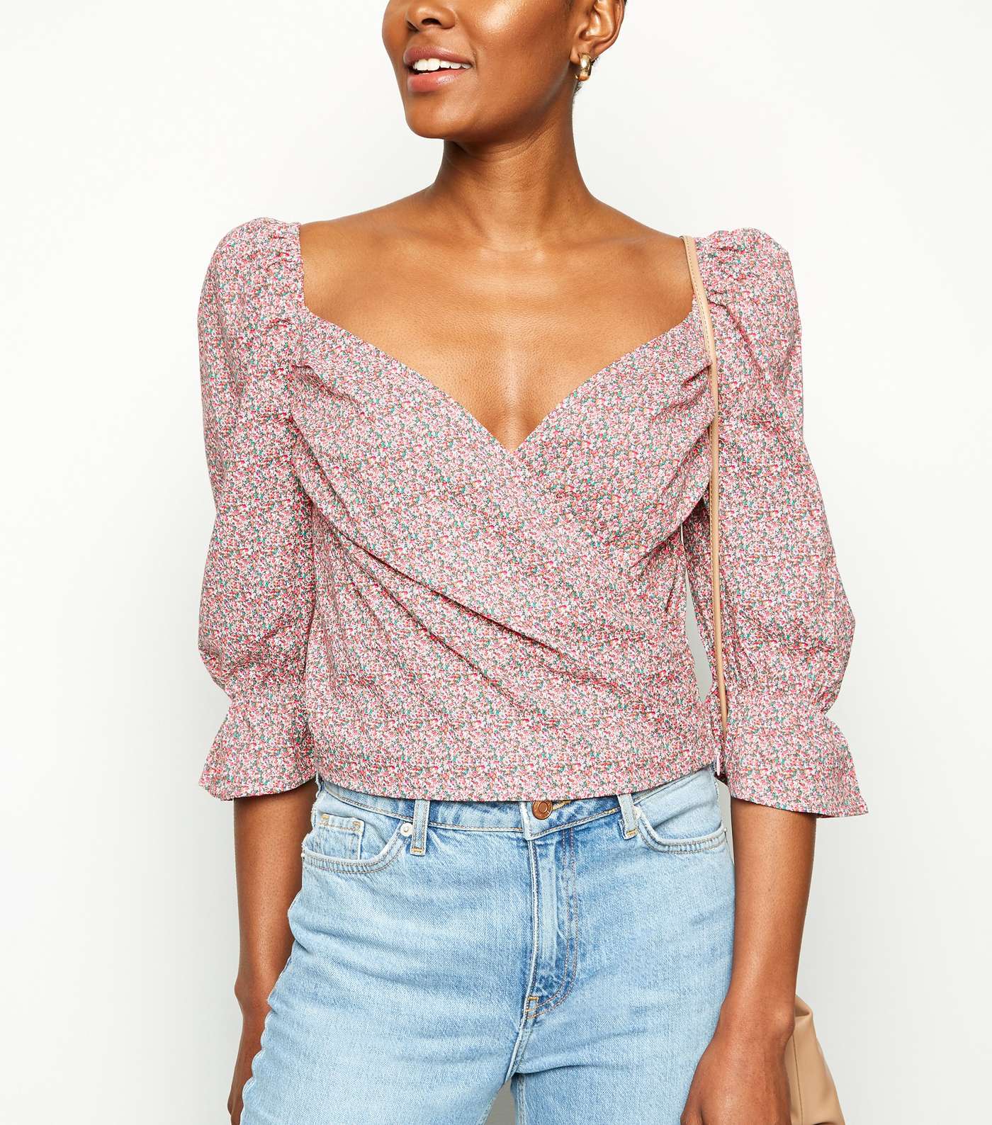 NA-KD Pink Floral Print Puff Sleeve Wrap Blouse