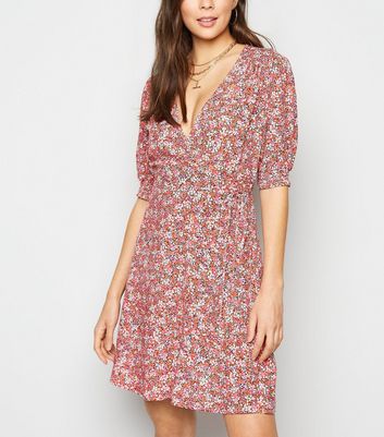 Pink Floral Shirred Wrap Dress