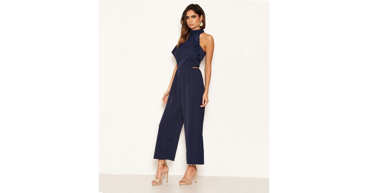 AX Paris Navy Ruffle Cut Out Jumpsuit New Look