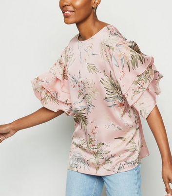 Image of AX Paris Pink Tropical Leaf Ruffle Trim Top New Look