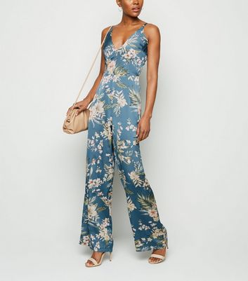 Image of AX Paris Blue Tropical Floral Wide Leg Jumpsuit New Look